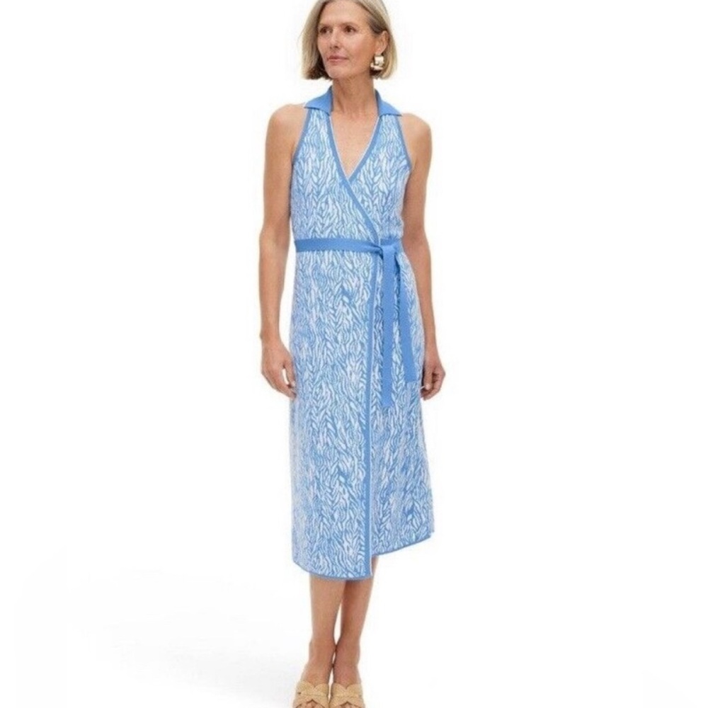 Diane Von Furstenberg Collared Sleeveless Sea Twig Blue Sweaterknit Midi Dress